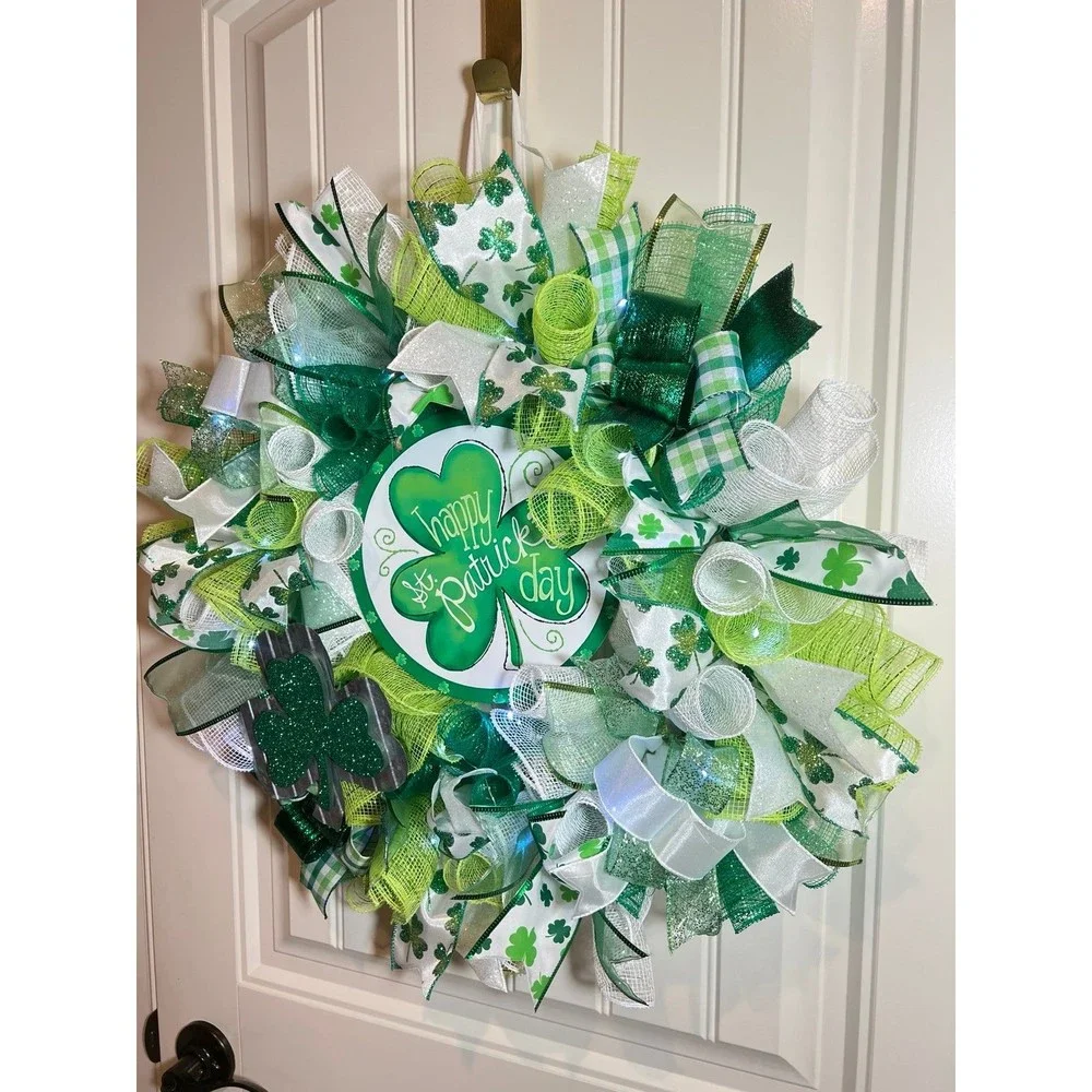 Handmade Happy St. Patrick’s Day Ribbon Prelit Wreath 22 ins LED W11